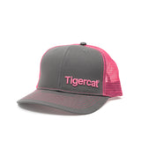 HAT, TIGERCAT BRAND TRUCKER STYLE, CHARCOAL AND PINK